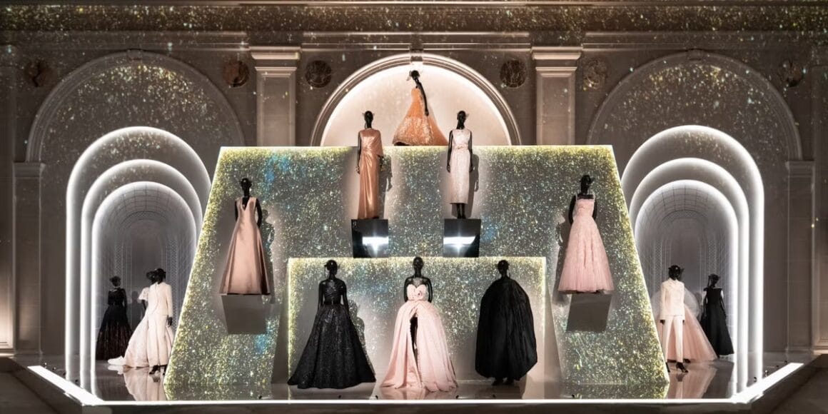 Photo of an installation at the Christian Dior: Designer of Dreams exhibit at the Brooklyn Museum