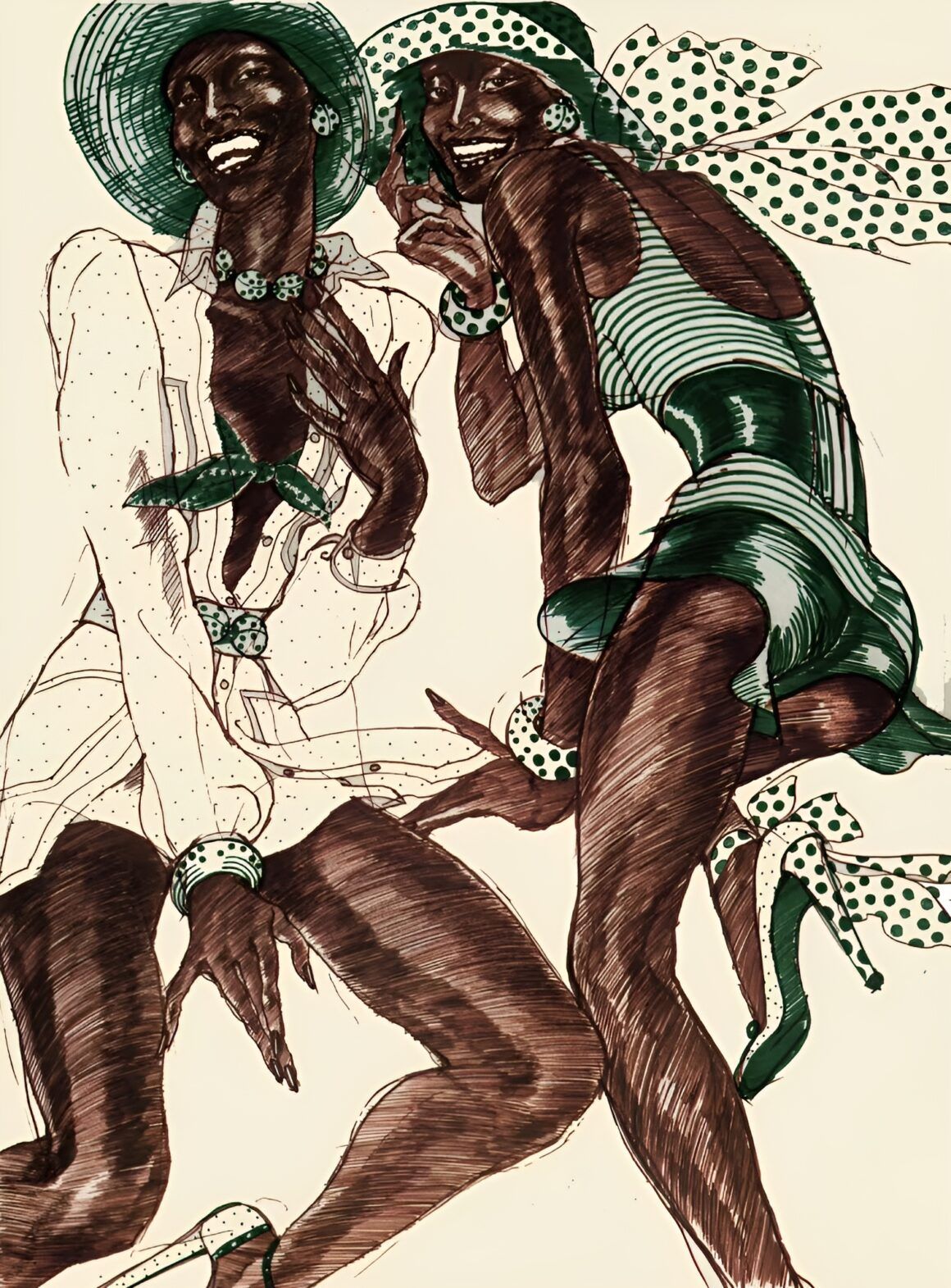 Fashion illustrator by Antonio Lopez featuring two black women wearing green and cream clothing and accessories, smiling