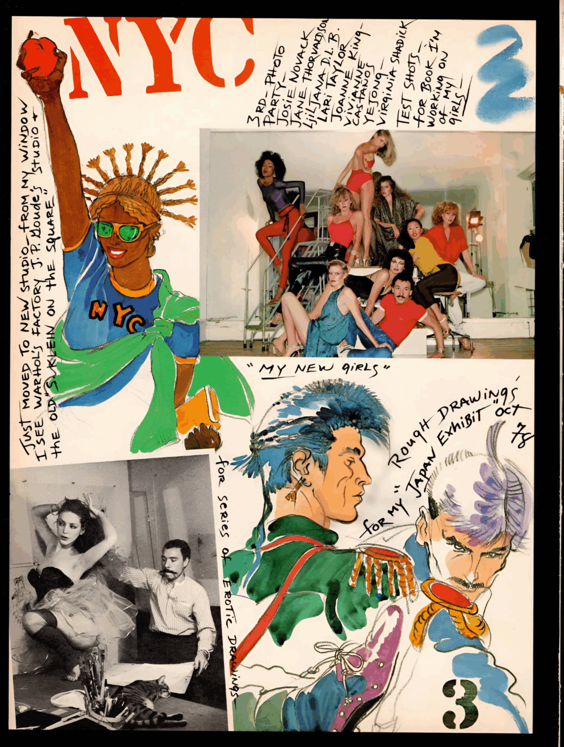 Antonio Lopez illustration for GQ Magazine in November of 1978 including photos of Antonio Lopez and models